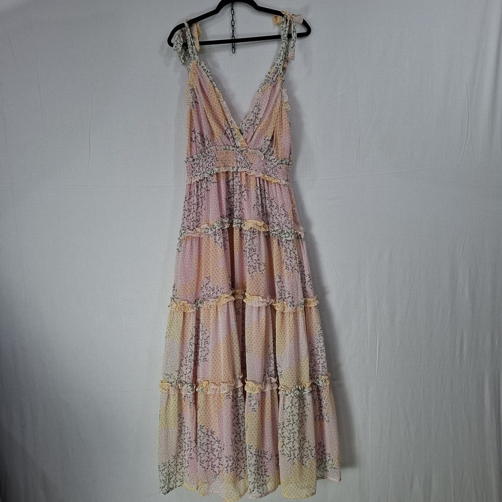 NEW Tie Strap Maxi Dress Large Pink Floral Ruffle Tiered Dainty‎ Cottageore